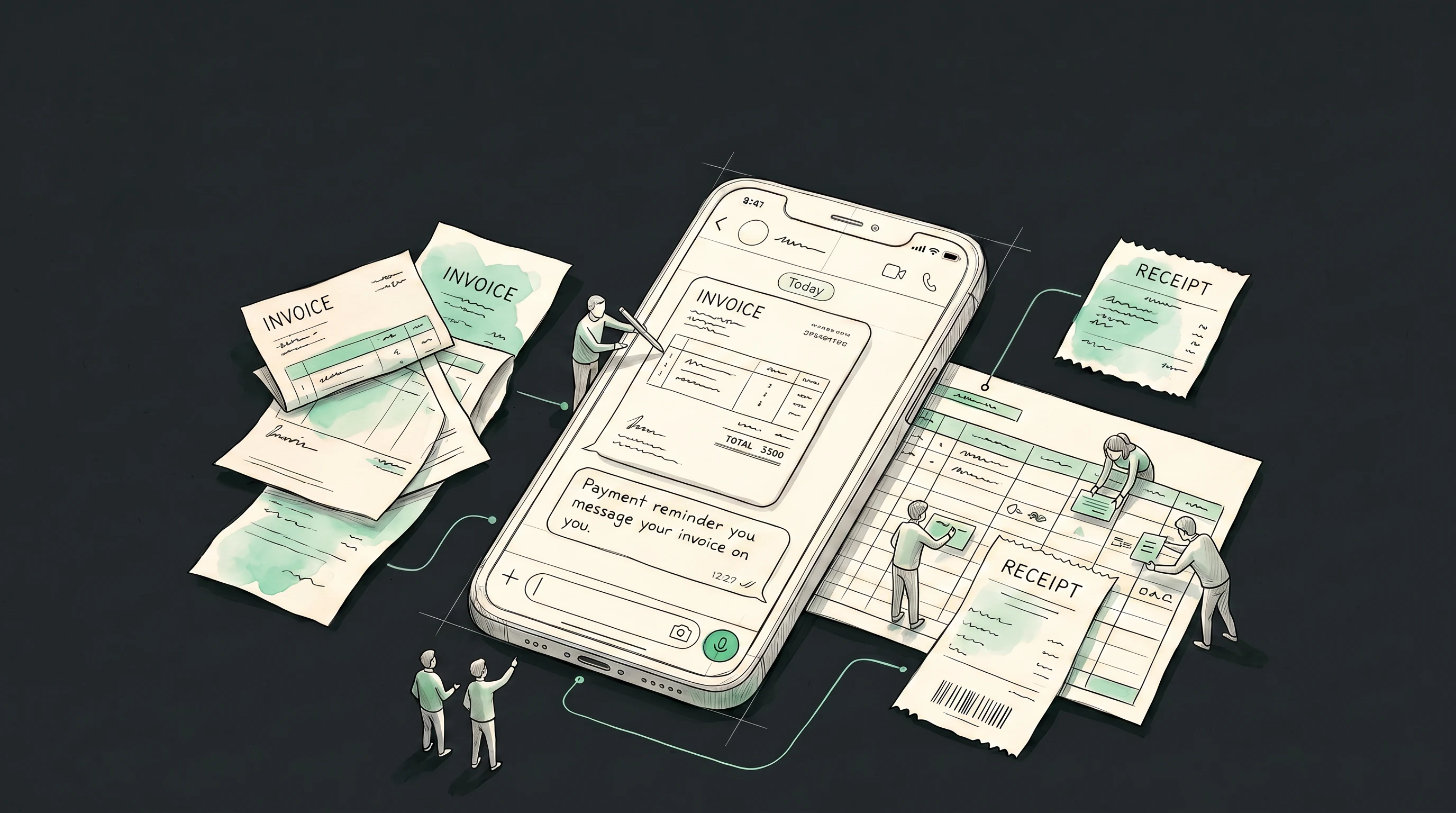 Editorial illustration of a small team building Stackifier's WhatsApp billing workspace together